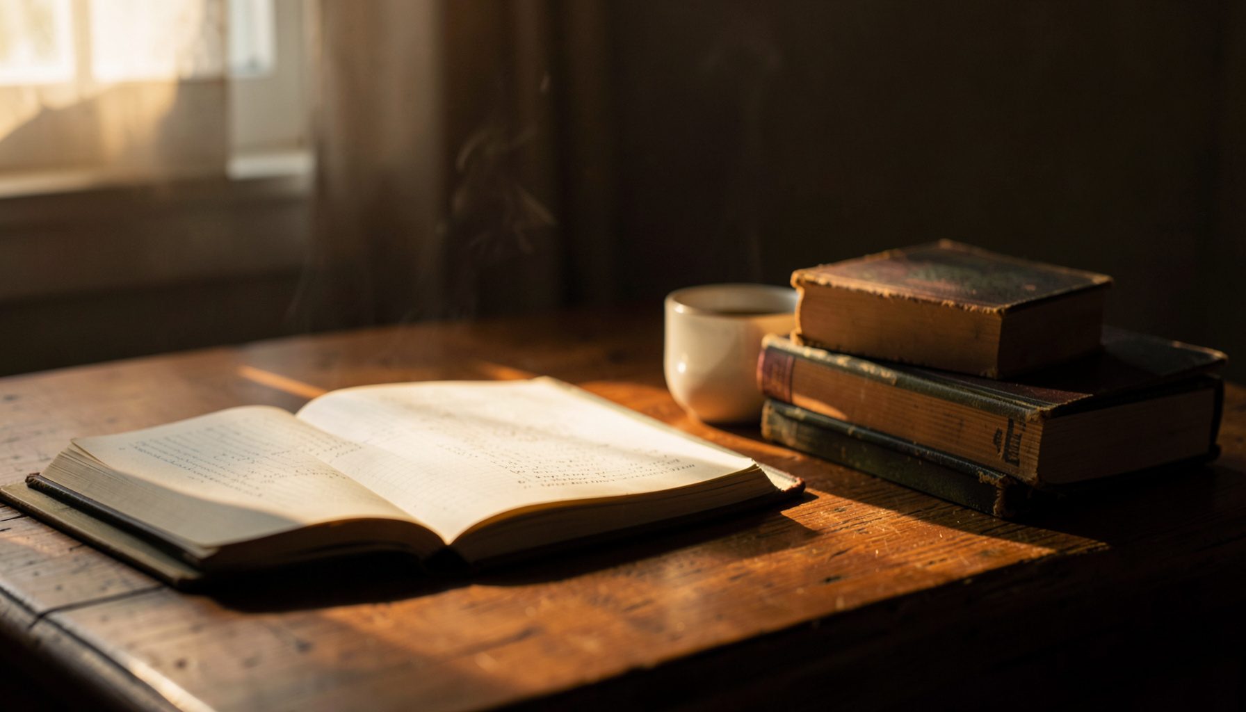 A softly lit wooden desk with an open notebook, a steaming mug, and a stack of well-worn paperback books, warm amber and cream tones, quiet morning atmosphere